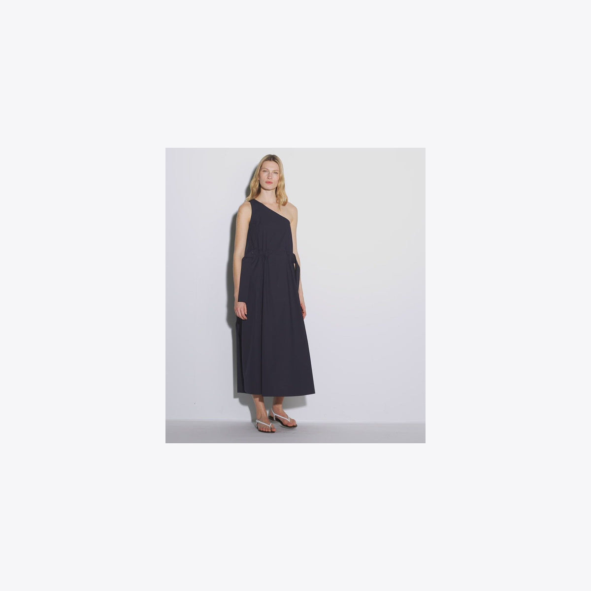 Tory Burch One-Shoulder Belted Cotton Dress - Medium Navy - 4