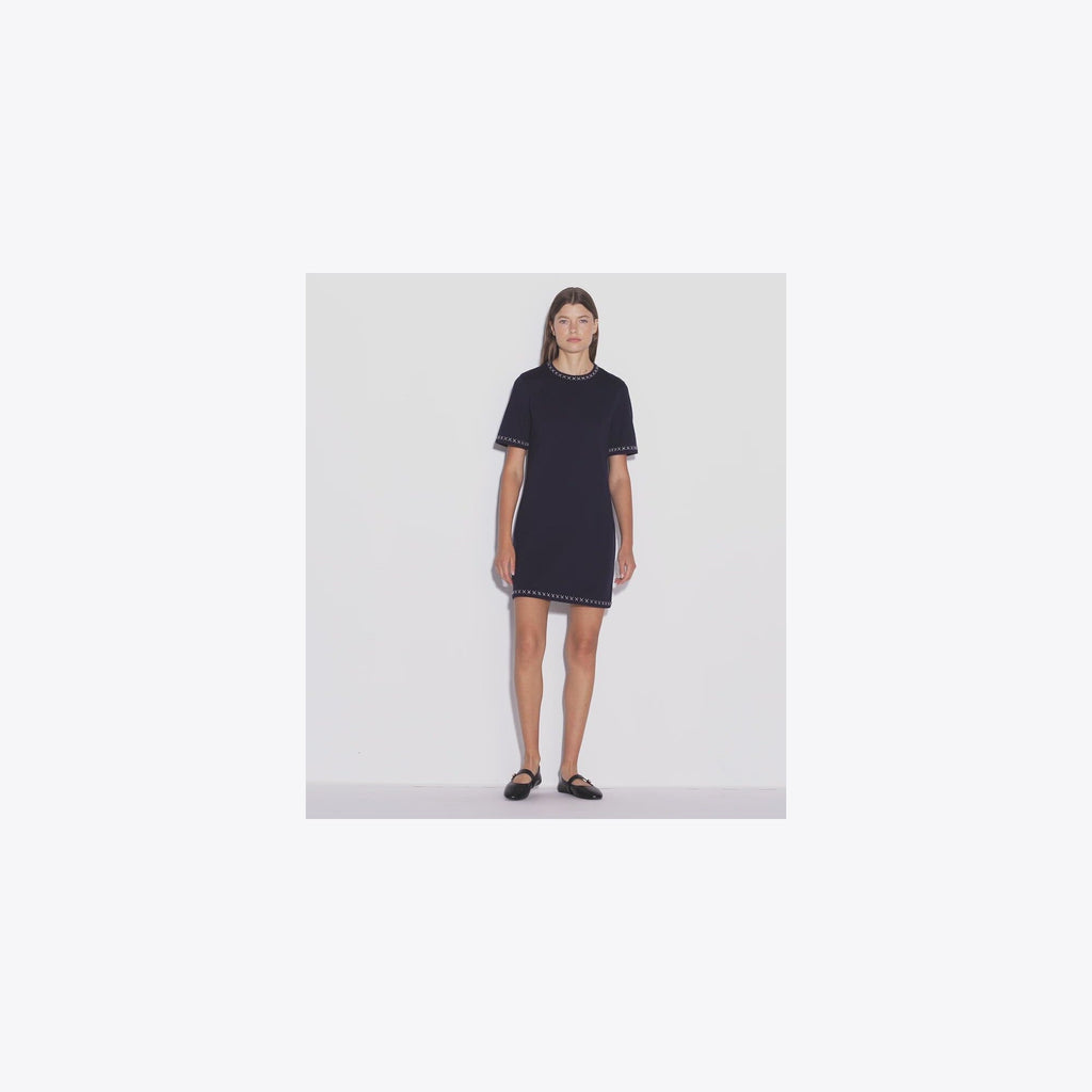 Tory Burch Embroidered Cotton T-Shirt Dress - Medium Navy - 5