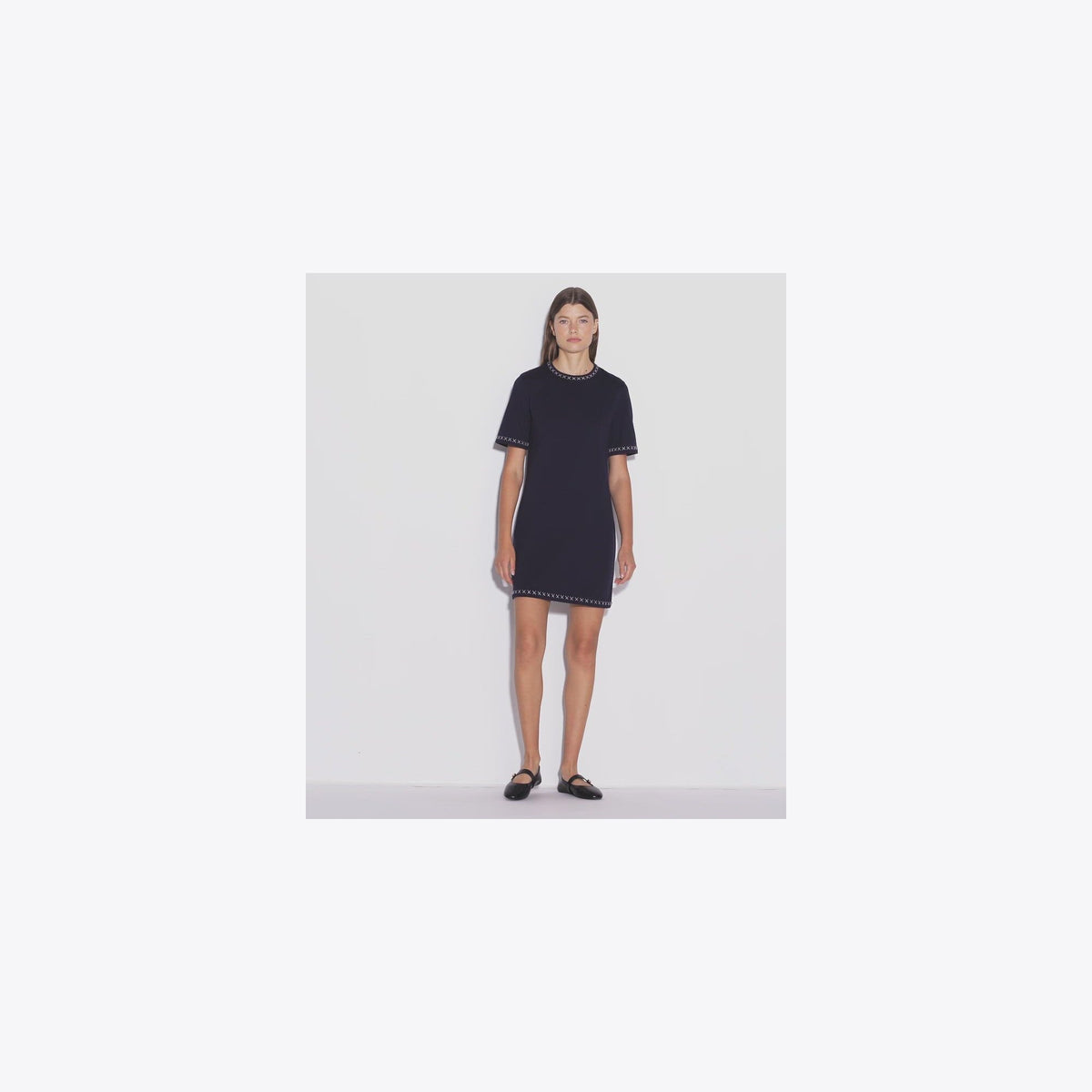Tory Burch Embroidered Cotton T-Shirt Dress - Medium Navy - 5