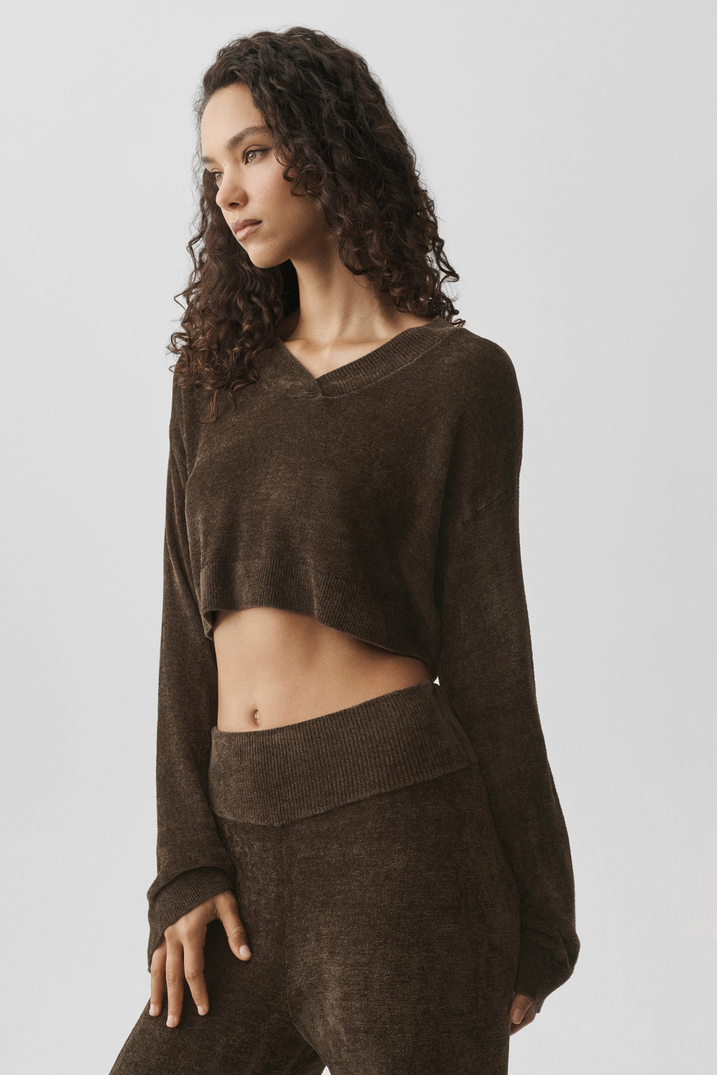 ALO Yoga Micro Chenille Cropped V-Neck Coverup - Espresso - 3