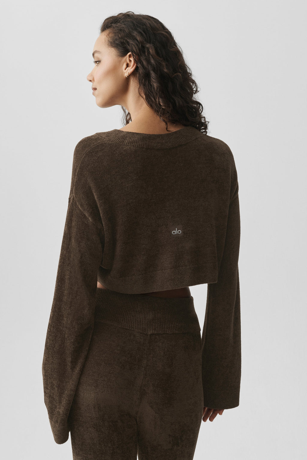 ALO Yoga Micro Chenille Cropped V-Neck Coverup - Espresso - 4