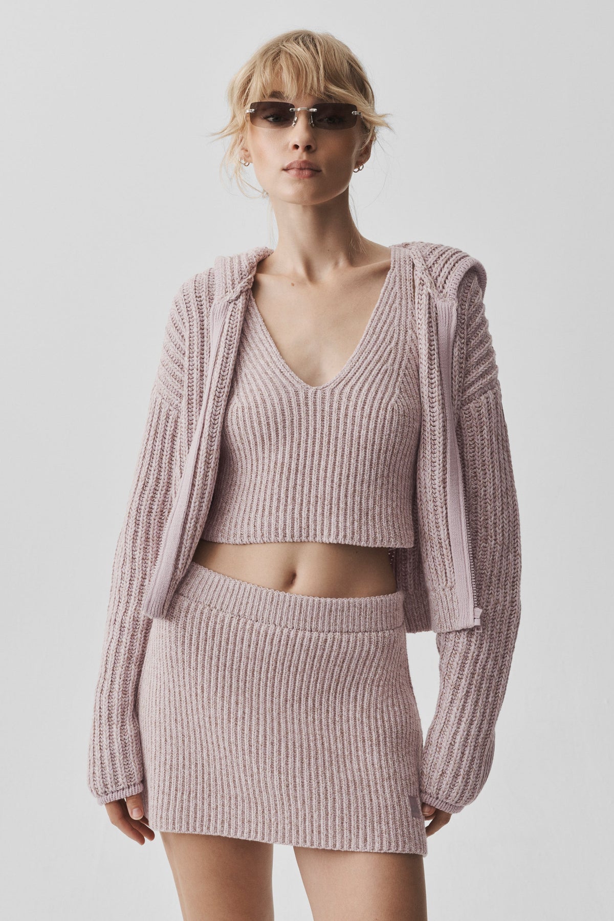 ALO Yoga Marl Sweater Rewind Full Zip Hoodie - Frosted Pearl Marl - 3
