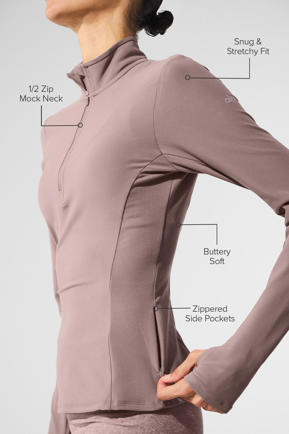 ALO Yoga Alosoft 1/2 Zip Rapid Pullover - Mushroom - 2