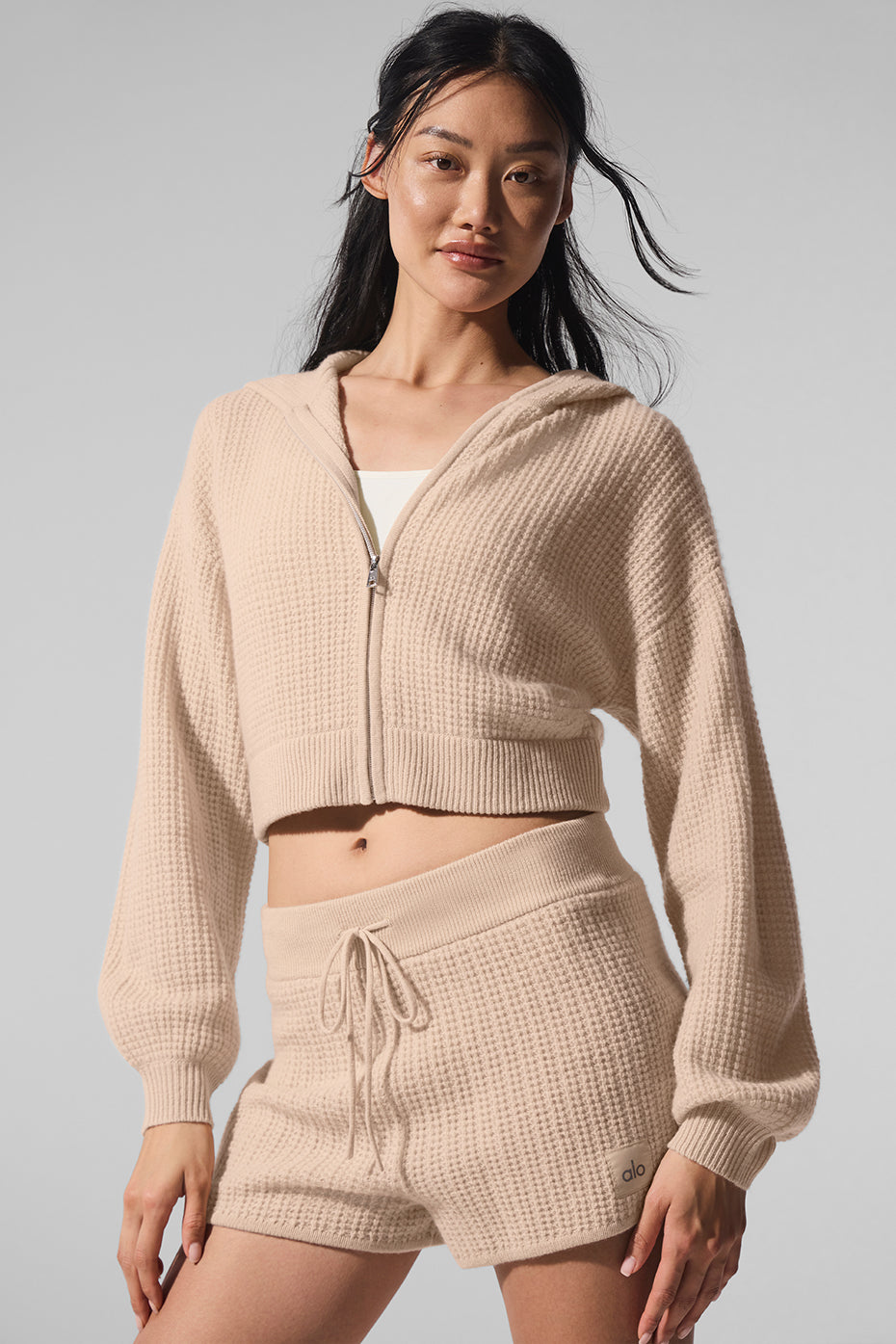 ALO Yoga Cashmere Plush Waffle Full Zip Hoodie - Macadamia Blush - 3