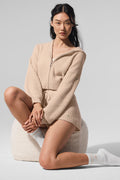 ALO Yoga Cashmere Plush Waffle Full Zip Hoodie - Macadamia Blush