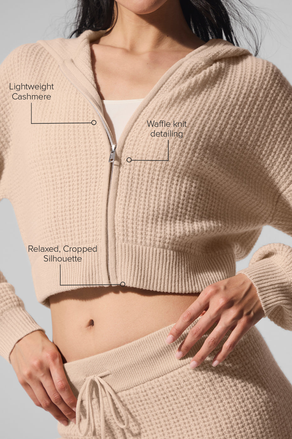 ALO Yoga Cashmere Plush Waffle Full Zip Hoodie - Macadamia Blush - 2