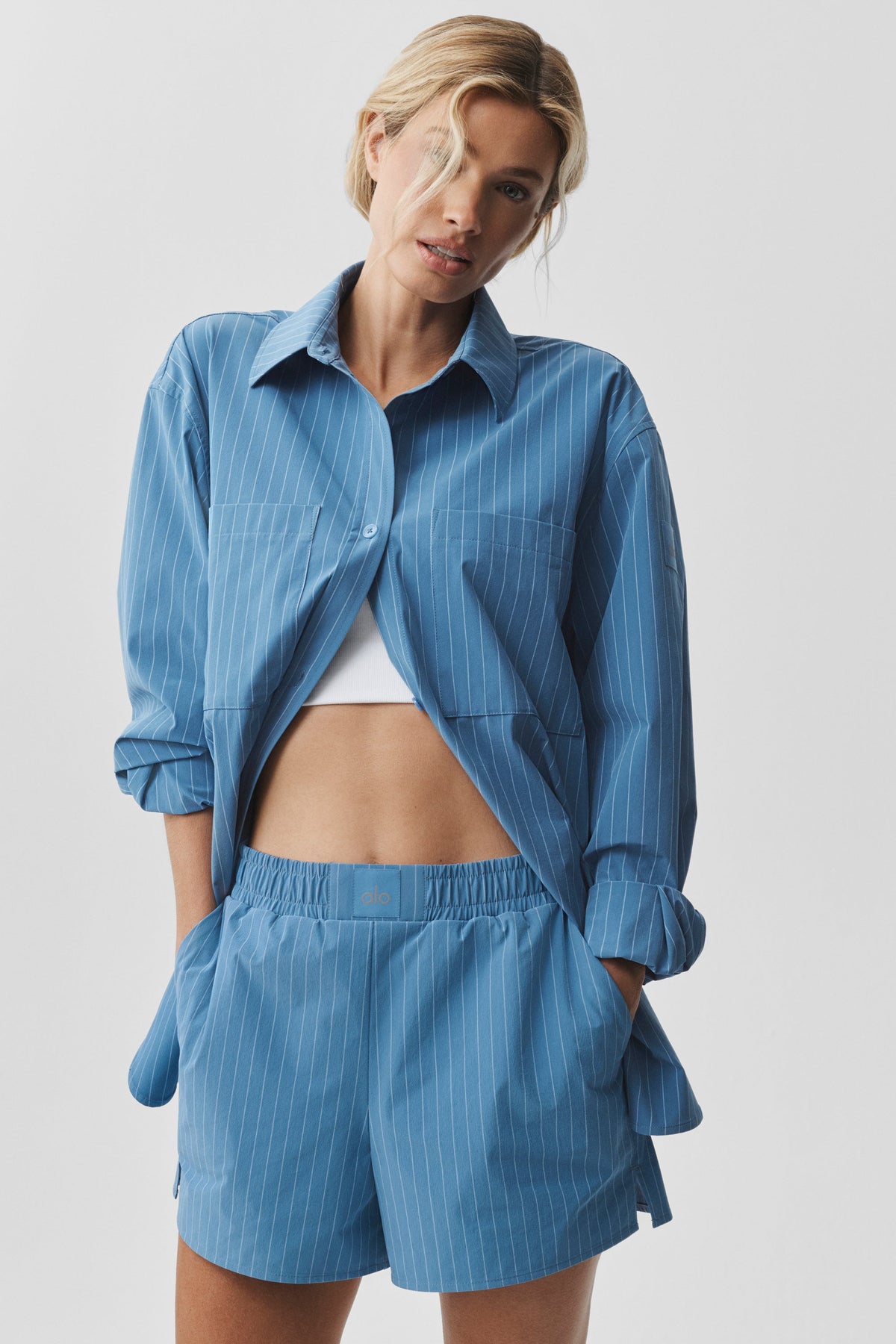 ALO Yoga Pinstripe Daylight Button Down Long Sleeve - California Blue/White - 2