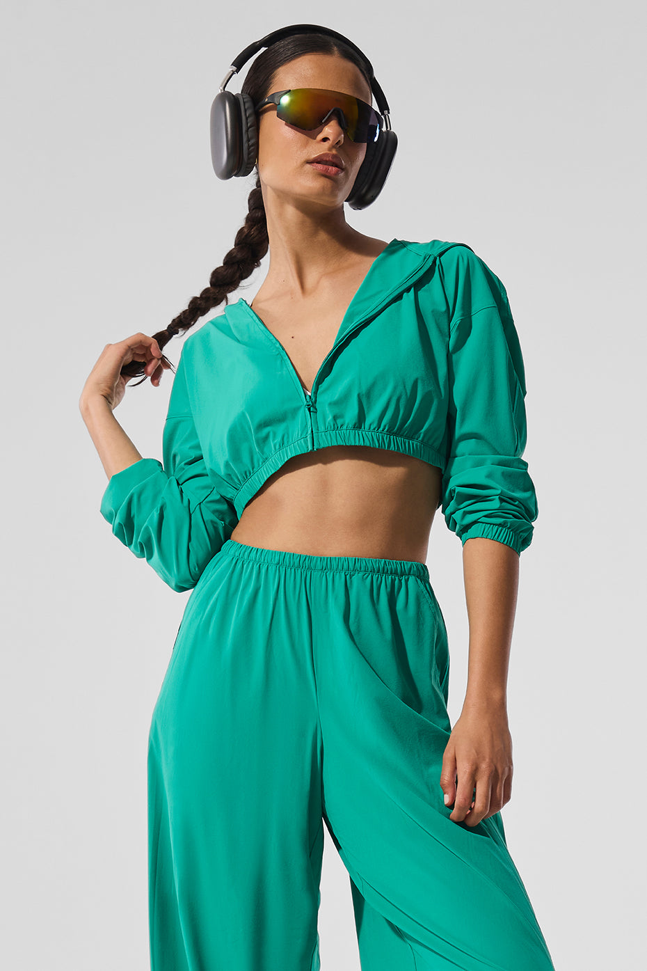 ALO Yoga Cropped Breezy Full-Zip Hoodie - Spruce Green