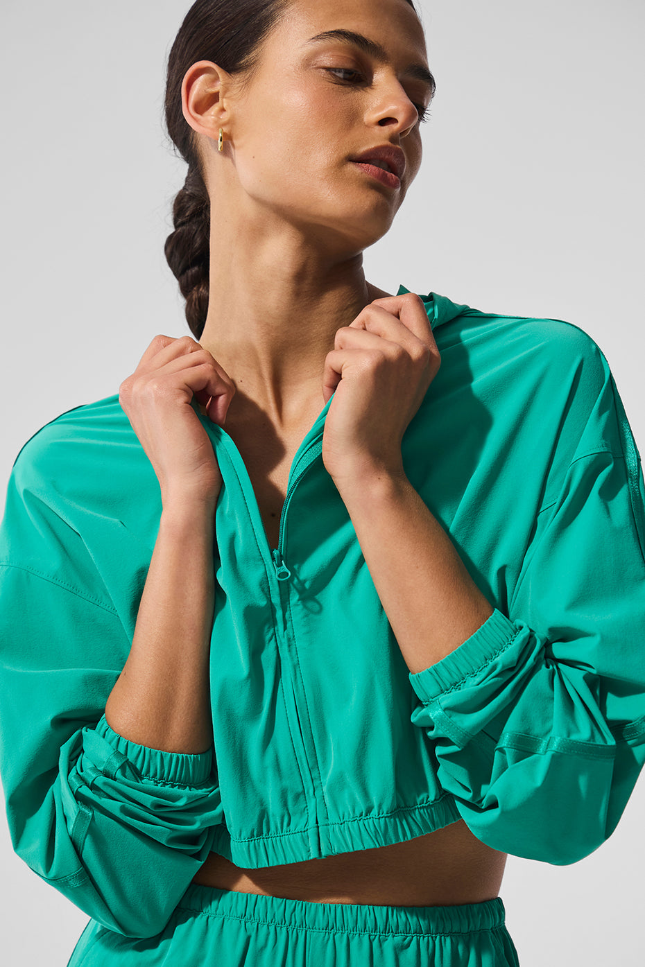 ALO Yoga Cropped Breezy Full-Zip Hoodie - Spruce Green - 4