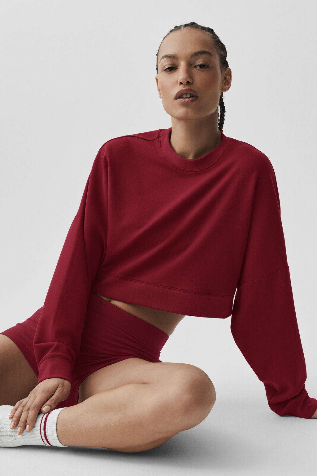 ALO Yoga Cropped Sway Crew Neck Pullover - Summer Romance Red - 4