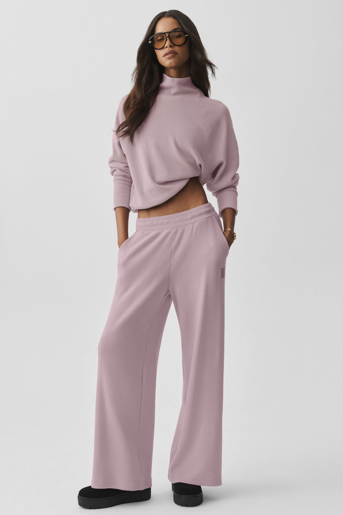 ALO Yoga Waffle Weekend Escape Wide Leg Pant - Frosted Pearl - 5