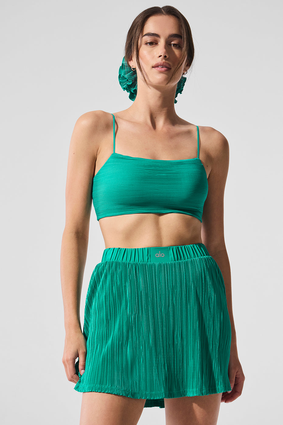 ALO Yoga Micro Plisse Game On Bra - Spruce Green