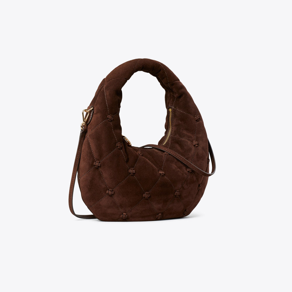 Tory Burch Bunny Knot Suede Crescent Bag - Dark Cocoa