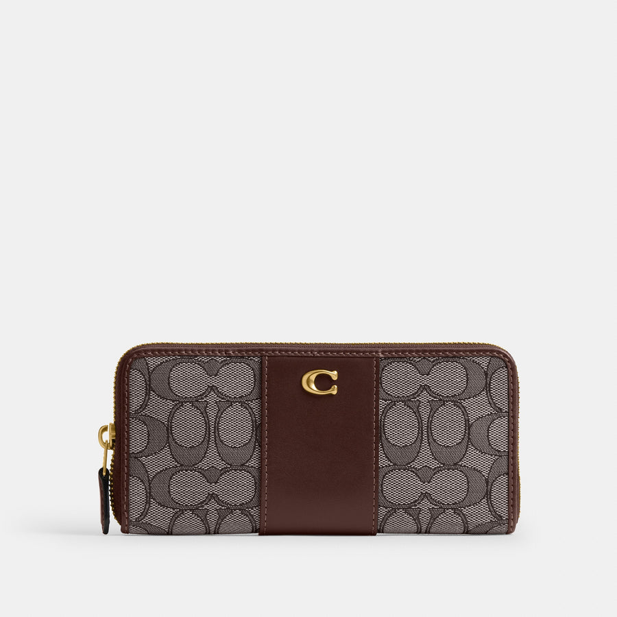 Coach Essential Slim Accordion Zip Wallet In Signature Jacquard - Brass/Oak Maple (Women's)