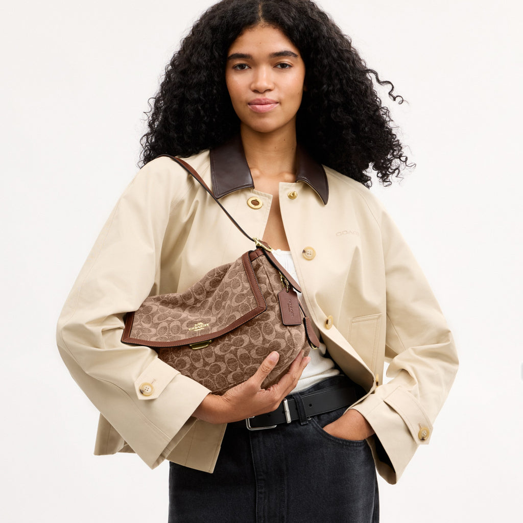 Coach Etta Flap Bag In Signature Chenille - Gold/Light Khaki/Vintage Brown (Women's)