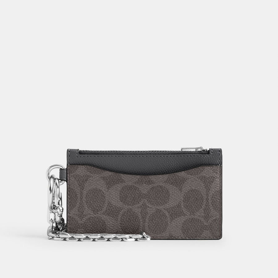 Coach Zip Card Case With Chain In Signature Canvas - Grey Signature (Men's)