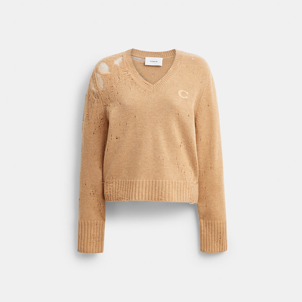 Coach Loved Long Sleeve V-Neck Sweater - Tan