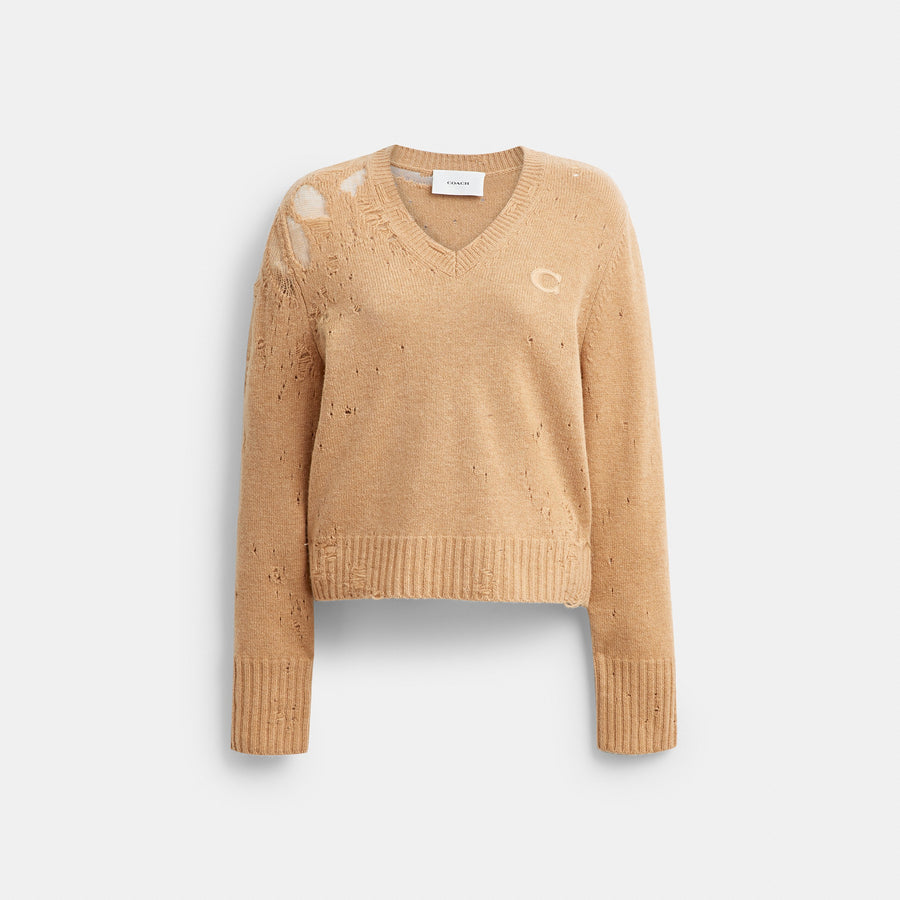 Coach Loved Long Sleeve V-Neck Sweater - Tan (Women's)