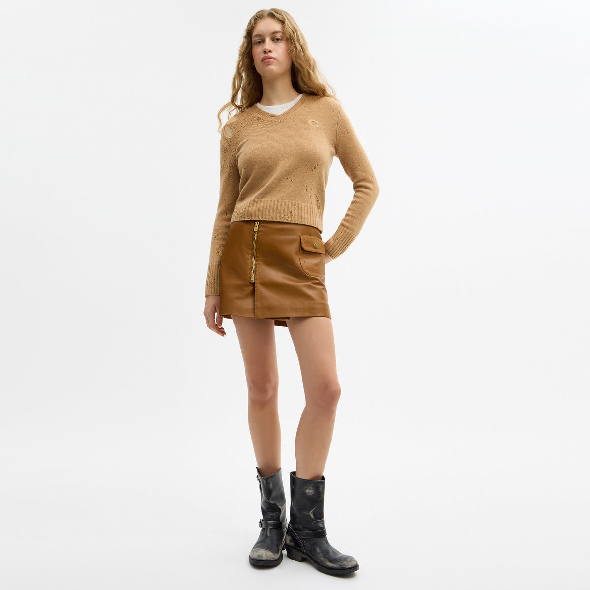 Coach Loved Long Sleeve V-Neck Sweater - Tan (2)