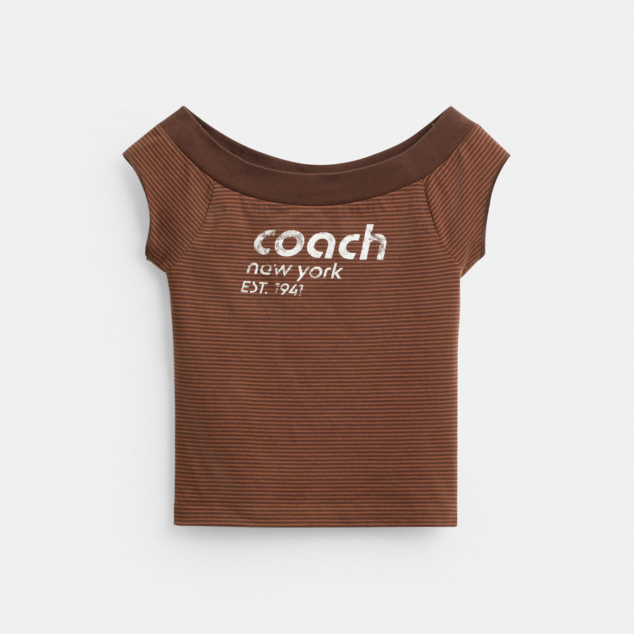 Coach Striped Wide Neck T-Shirt In Organic Cotton - Brown (Women's)