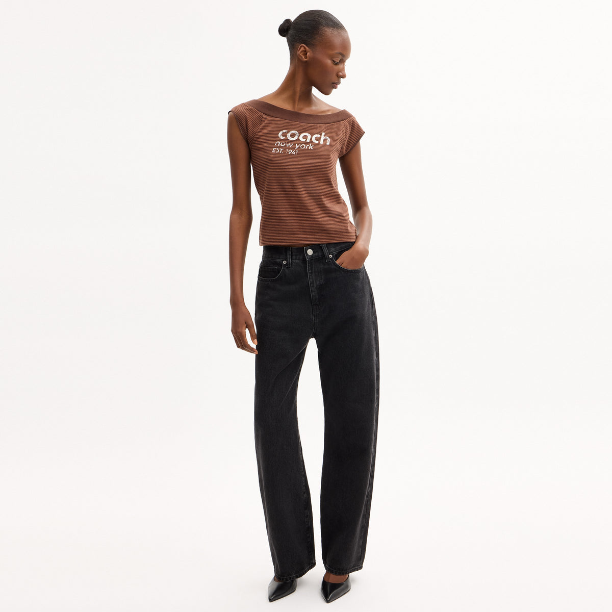 Coach Striped Wide Neck T-Shirt In Organic Cotton - Brown (2)