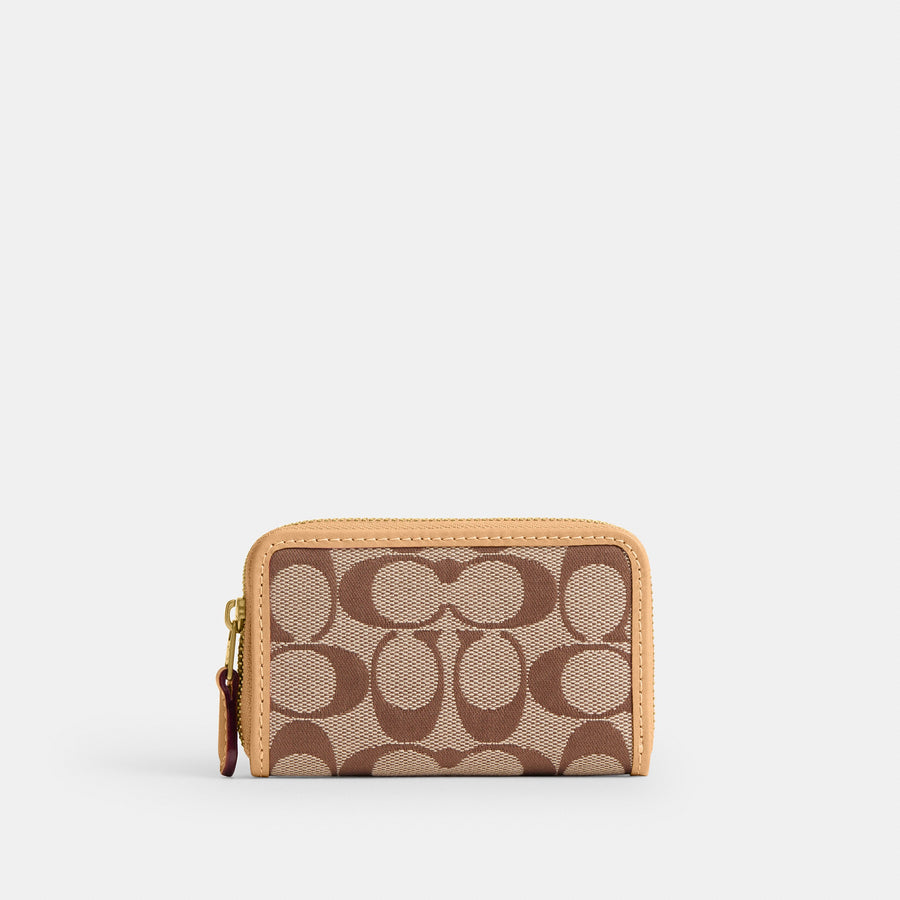 Coach Essential Small Zip Around Card Case In Signature Jacquard - Brass/Khaki Light Peach (Women's)