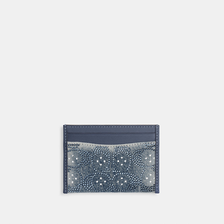 Coach Essential Card Case In Regenerative Cotton Denim With Crystal Signature - Brass/Denim (Women's)