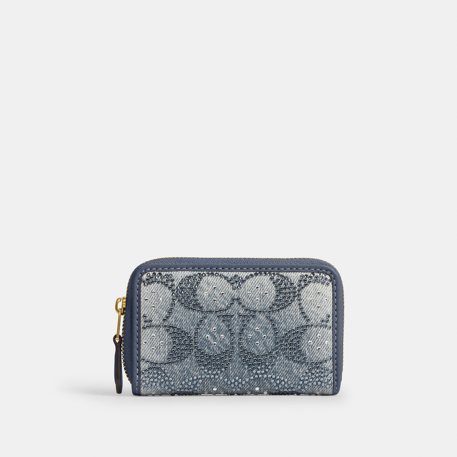 Coach Essential Small Zip Around Card Case In Regenerative Cotton Denim With Crystal Signature - Brass/Denim (Women's)