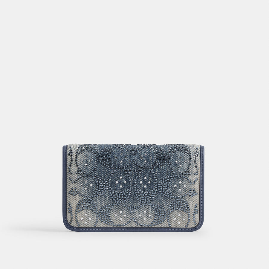 Coach Essential Slim Card Case In Regenerative Cotton Denim With Crystal Signature - Brass/Denim (Women's)