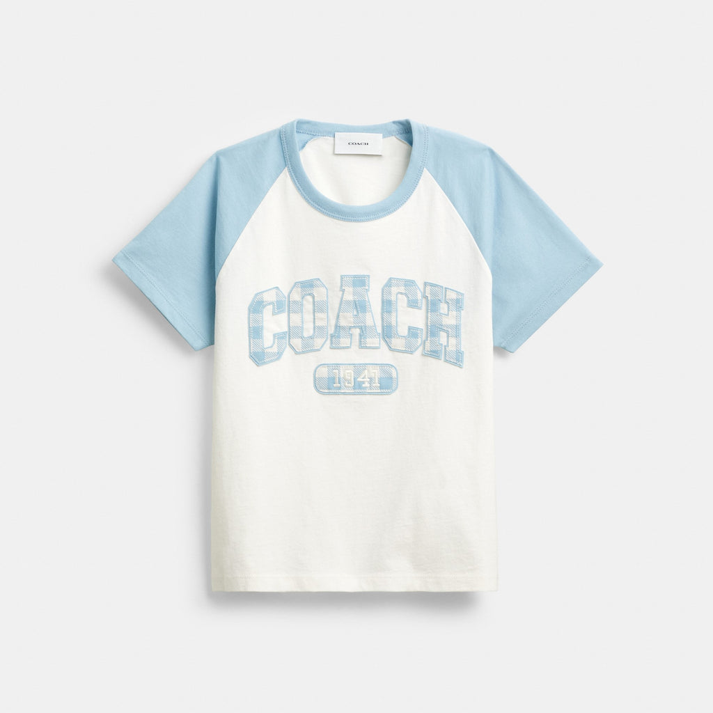 Coach Gingham Sporty Raglan T-Shirt In Organic Cotton - Blue/White (Women's)