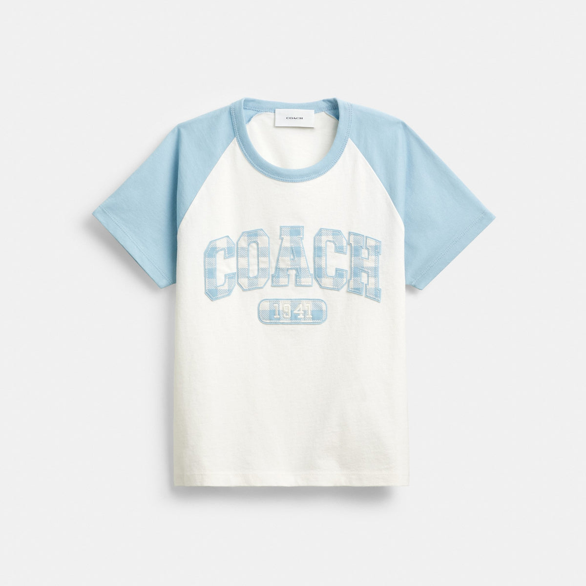 Coach Gingham Sporty Raglan T-Shirt In Organic Cotton - Blue/White (Women's)