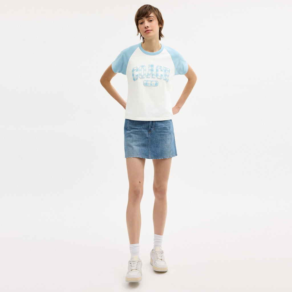 Coach Gingham Sporty Raglan T-Shirt In Organic Cotton - Blue/White (Women's)