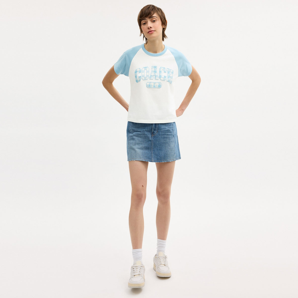 Coach Gingham Sporty Raglan T-Shirt In Organic Cotton - Blue/White (Women's)