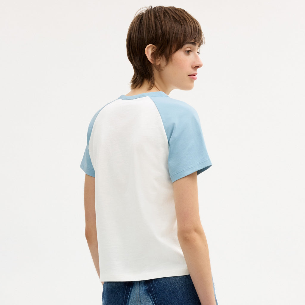 Coach Gingham Sporty Raglan T-Shirt In Organic Cotton - Blue/White (Women's)