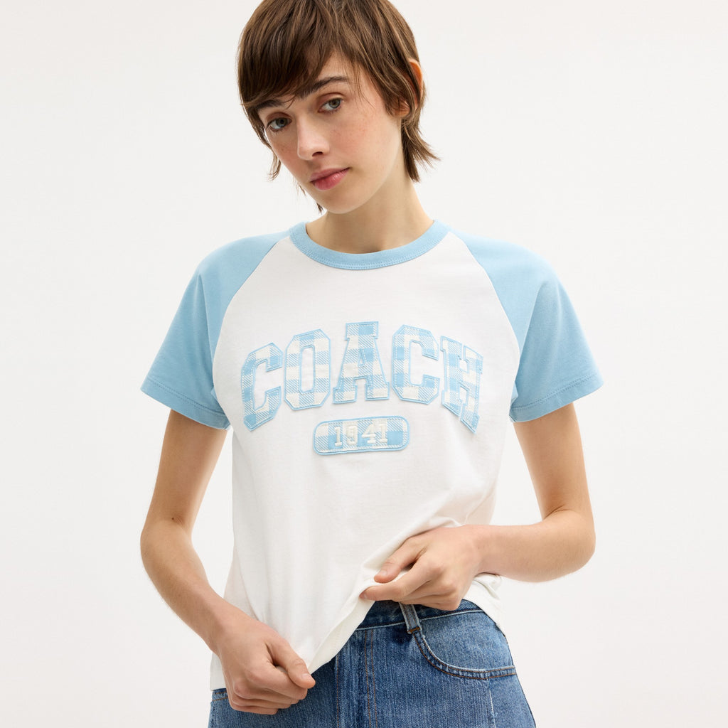 Coach Gingham Sporty Raglan T-Shirt In Organic Cotton - Blue/White (Women's)