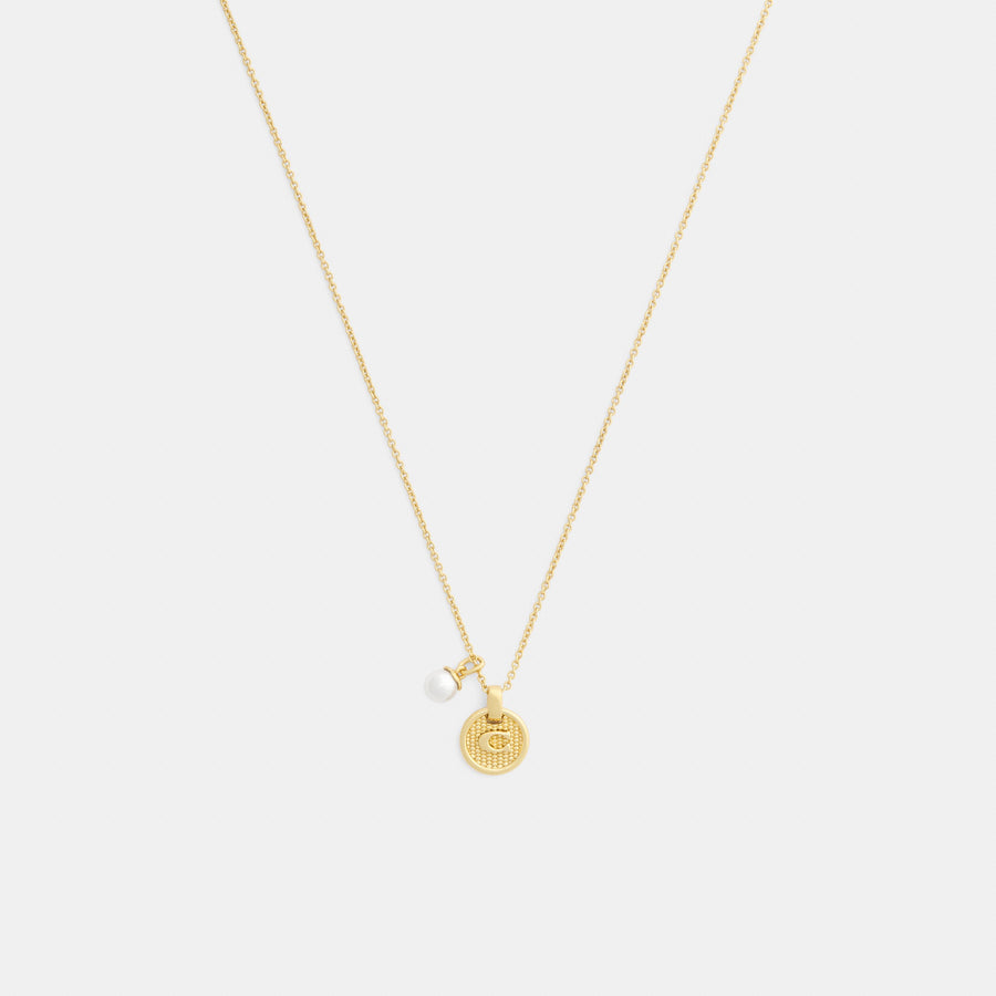 Coach Textured Signature Coin And Pearl Pendant Necklace - Gold (Women's)