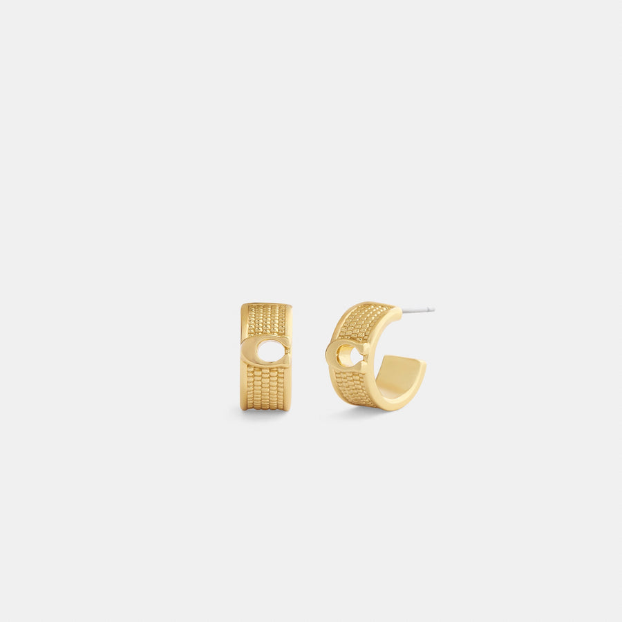 Coach Textured Signature Small Hoop Earrings - Gold (Women's)