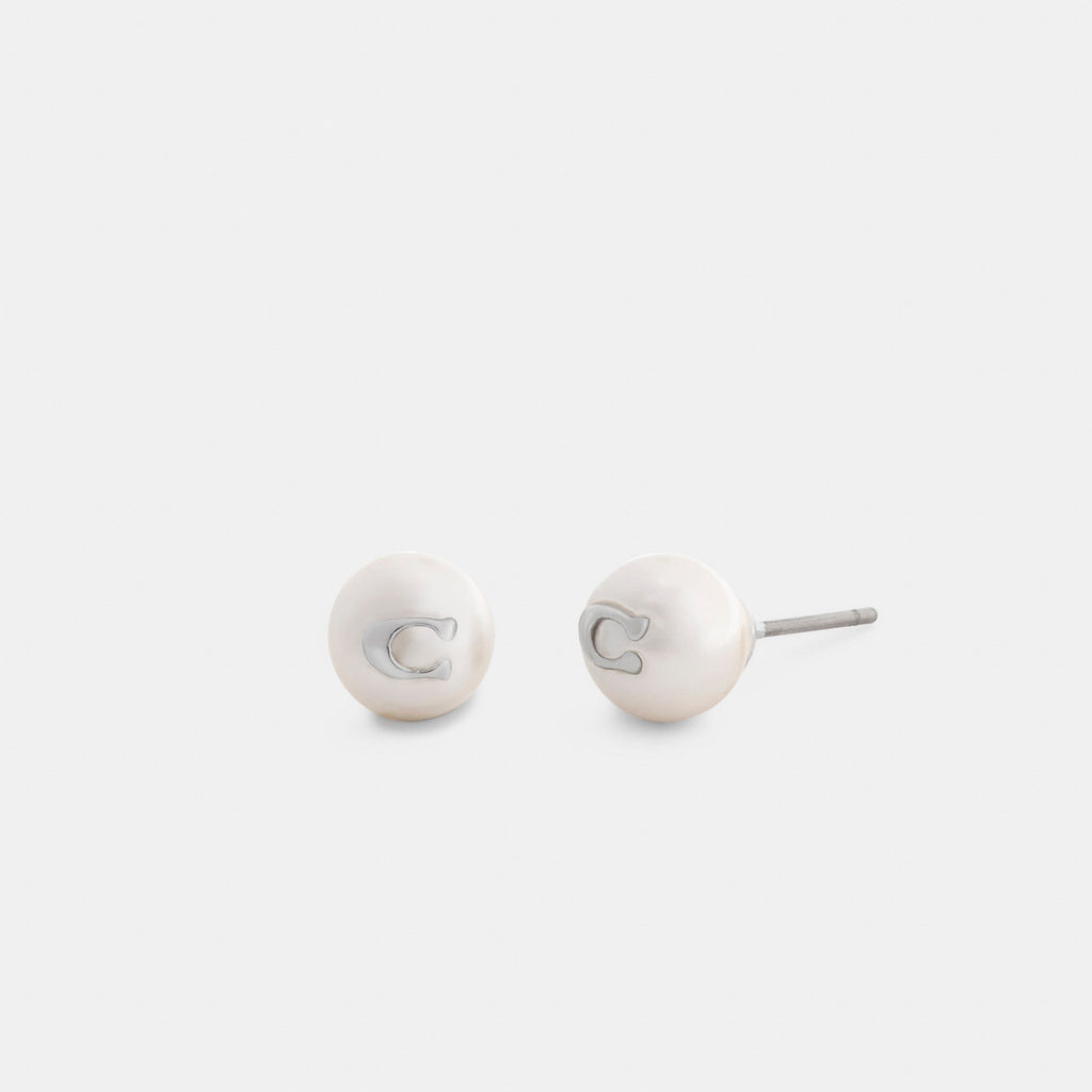 Coach Signature Pearl Stud Earrings - Silver/Pearl (Women's)
