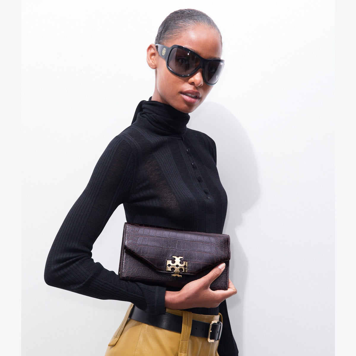 Tory Burch Charlie Croc-Embossed Envelope Clutch - Dark Brown - 2