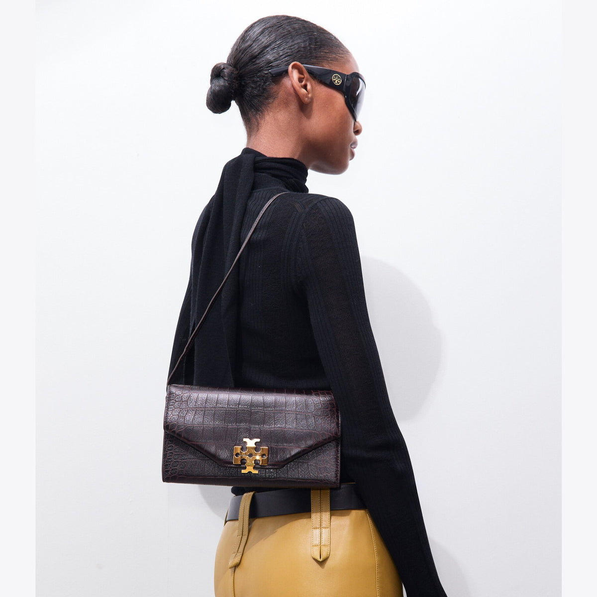 Tory Burch Charlie Croc-Embossed Envelope Clutch - Dark Brown - 3