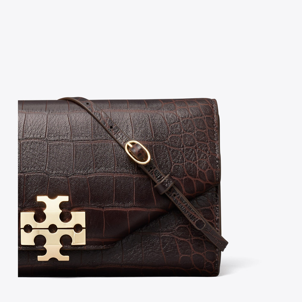 Tory Burch Charlie Croc-Embossed Envelope Clutch - Dark Brown - 5