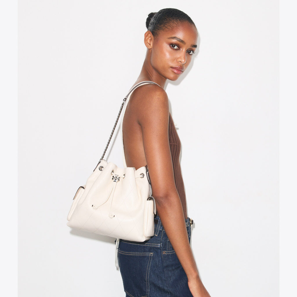 Tory Burch Charlie Quilted Drawstring Shoulder Bag - Light Cream - 2