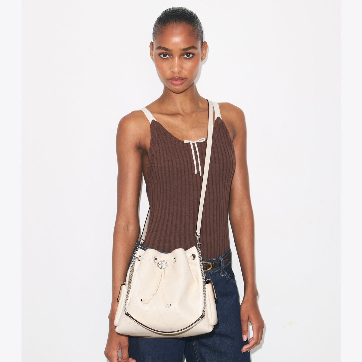 Tory Burch Charlie Quilted Drawstring Shoulder Bag - Light Cream - 3