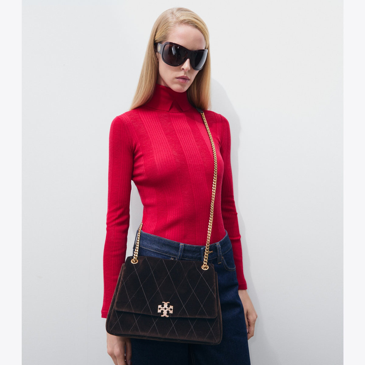 Tory Burch Charlie Quilted Velvet Pavé Shoulder Bag - Chestnut - 3