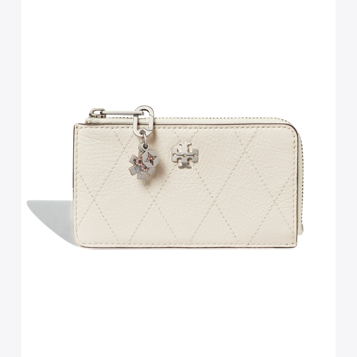 Tory Burch Charlie Quilted Zip Card Case - Light Cream / Charms - 4