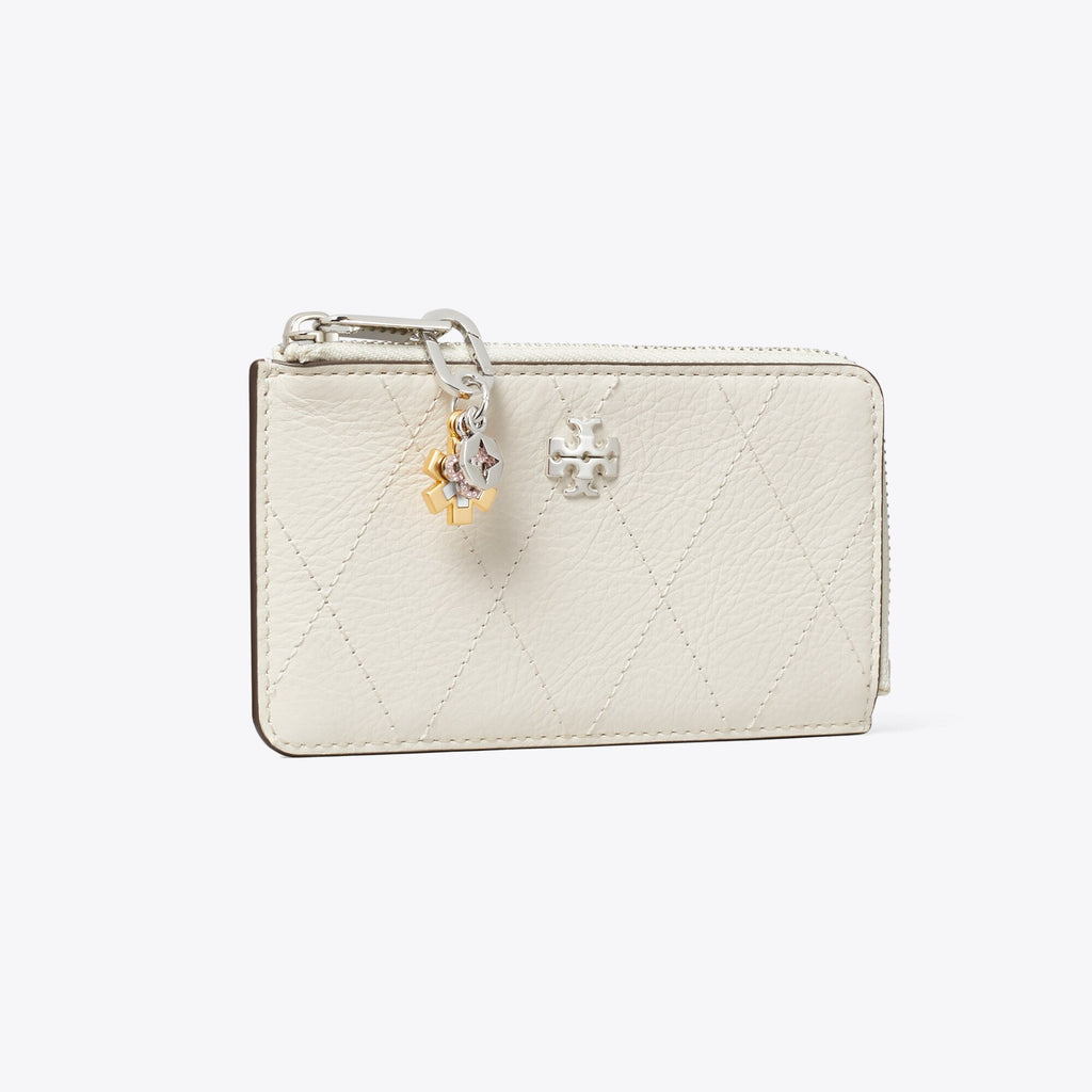 Tory Burch Charlie Quilted Zip Card Case - Light Cream / Charms