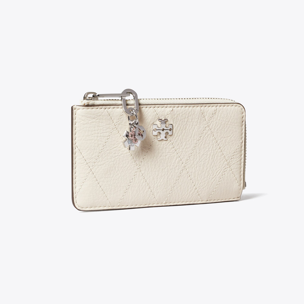 Tory Burch Charlie Quilted Zip Card Case - Light Cream / Charms