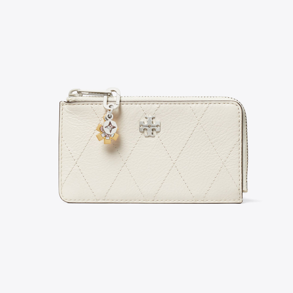 Tory Burch Charlie Quilted Zip Card Case - Light Cream / Charms - 2