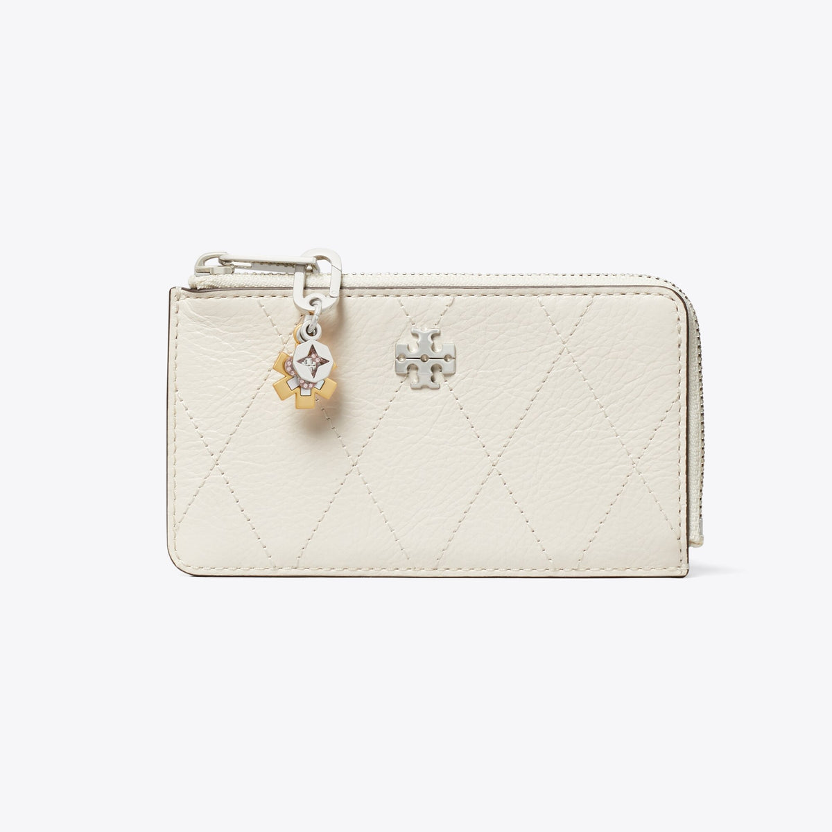 Tory Burch Charlie Quilted Zip Card Case - Light Cream / Charms - 2