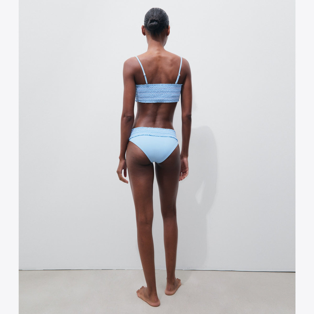 Tory Burch Costa Smocked Bikini Bottom - Washed Sky / White - 5